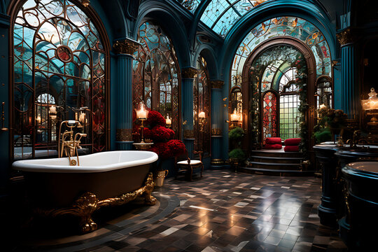 bathroom in hotel, gothic style, ai generated