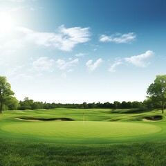 green golf field and blue cloudy sky. european landscape