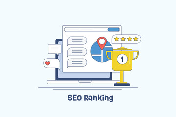 Top seo ranking, first position on search engine page laptop screen, Business location with red map point, trophy for successful SEO optimization strategy, filled outline vector illustration.