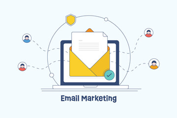 Email marketing network communication with business customers, marketing strategy, open secure email message from laptop, vector illustration web banner.