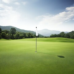 Obraz premium green golf field and blue cloudy sky. european landscape