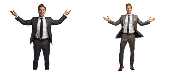 Businessman facing forward with arms wide open on transparent backgrounds . Generative AI