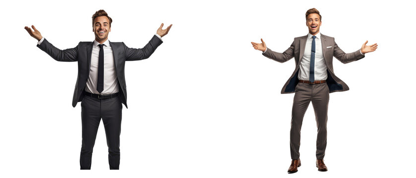Businessman facing forward with arms wide open on transparent backgrounds . Generative AI