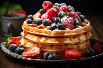 Close-up of delicious fresh viennese waffles with syrup and fruit berries on plate on table inside room, breakfast - obrazy, fototapety, plakaty