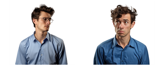 confused looking man in a blue shirt on transparent backgrounds . Generative AI