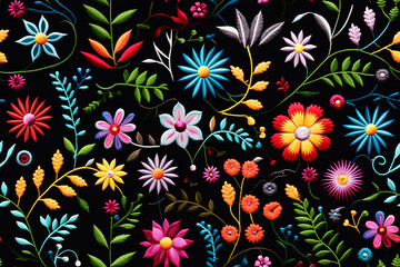 Mexican traditional embroidery pattern on a black background seamless pattern