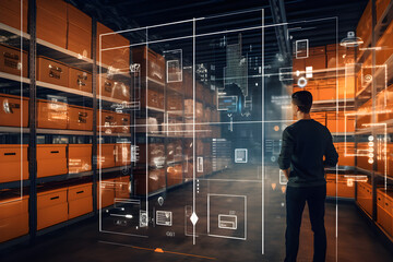 Futuristic Technology Retail Warehouse: Worker Doing Inventory Walks when Digitalization Process Analyses Goods, Cardboard Boxes, Products with Delivery Infographics in Logistics, Distribution Centre - obrazy, fototapety, plakaty