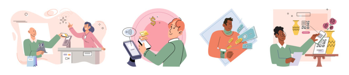 Cashless payment. Vector illustration. Touchless payment methods are compatible with wide range of devices, including smartphones and smartwatches Cashless payments contribute to reducing need