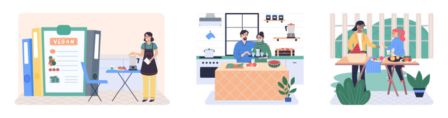 People cooking vegetarian food. Vector illustration. Set of characters cooking meal home. Woman preparing food for dinner. People cooking. Wife preparing healthy alternative from vegetarian nutrition