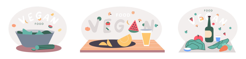 People cooking vegetarian food. Vector illustration. Cooking dietary dishes. Vegan and natural, green diet eating lifestyle tiny person. Salad in vegetable bowl. Fresh and healthy food nutrition