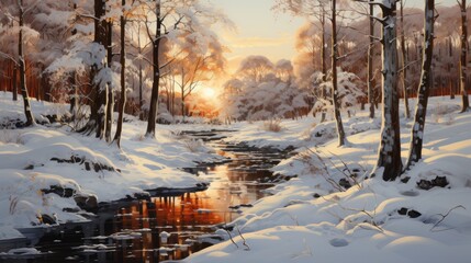 A tranquil forest trees blanketed in snow with sunlight