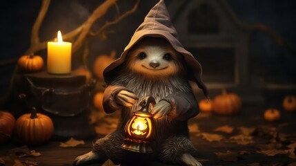 a photograph of cute sloth use witch hat for halloween celebration generative ai