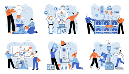 Team solving complex problems. Teamwork vector illustration metaphor. Finding new ideas problem solving Coworkers assembling ideas, team work, people solving problem, business development Time
