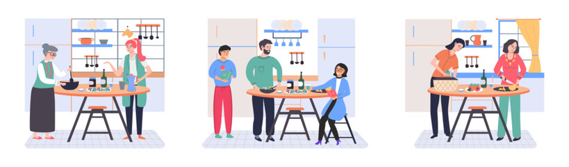 People cooking vegetarian food. Vector illustration. Homemade food, dinner, cozy atmosphere. Happy family cooking dinner together in modern kitchen. Parents and kids preparing lunch isolated on white