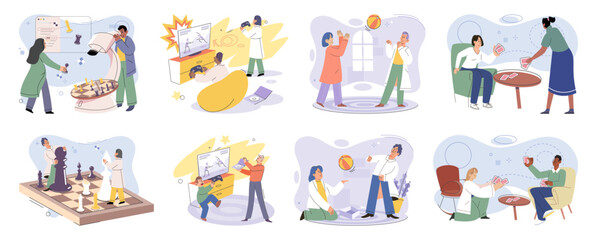 Game together. Family fun. Friendship time. Vector illustration. Happy fun activities like playing games strengthen bond among friends and family Engaging in board game brings people closer and