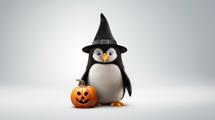 a photograph of cute pinguin use witch hat for halloween celebration generative ai
