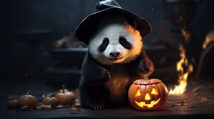 a photograph of cute panda use witch hat in halloween celebration generative ai