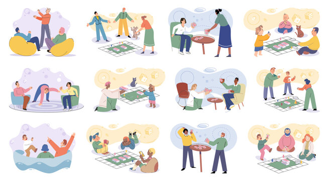 Game together. Family fun. Friendship time. Vector illustration. The characters in game came alive with each players unique strategies and actions Lets gather our friends and have game night full of