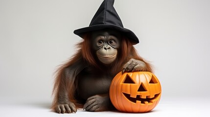 a photograph of cute monkey use witch hat in halloween celebration generative ai