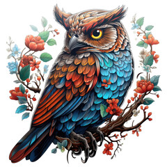 A strikingly detailed illustration of an owl adorned with intricate flower patterns, the owl perched on a branch against, Generative Ai