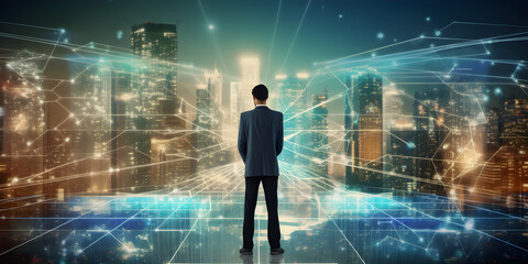 Digital technology, internet network connection, big data, digital marketing IoT internet of things. Man using modern computer surfing internet futuristic innovative technology background