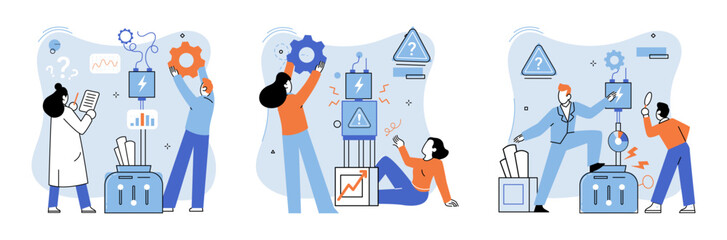 Team solving complex problems. Teamwork vector illustration metaphor. Miniature scene of workers trying to solve problem Teamwork solve problem, strategy plan to work together for success concept