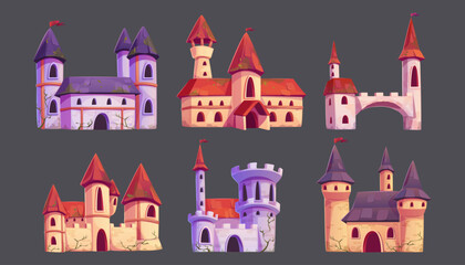 Set of medieval castles isolated on background. Vector cartoon illustration of ancient royal palaces with stone towers, arch windows and entrance gates, fairytale fortresses, game design elements