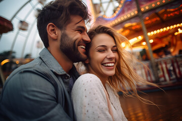 portrait of happy romantic couple in theme park