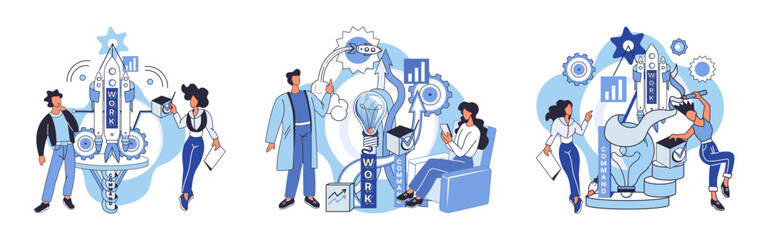 Team solving complex problems. Teamwork vector illustration metaphor. Business solution, startup problems, planning and strategy Departments in organization come together for project Working problem