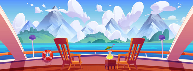 Cruise ship deck ocean view on mountain landscape cartoon background. Yacht boat railing in sea in summer scene. luxury vessel embankment with cocktail on table illustration. Safety rail and lifebuoy