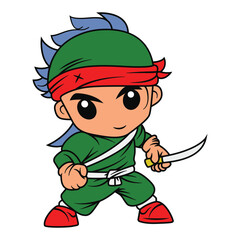 Colorful Cute ninja coloring page for kids isolated vector artwork
