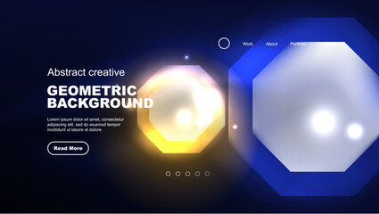 Abstract background landing page, glass geometric shapes with glowing neon light reflections, energy effect concept on glossy forms