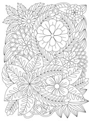 Black and white flower pattern for coloring. Doodle floral drawing. Black and white flower pattern for coloring. Doodle floral drawing. Flowers in black and white for coloring book