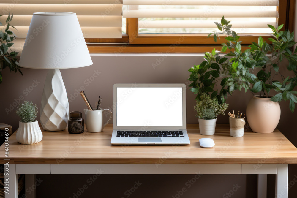 Poster workspace computer laptop on table, generate with ai.