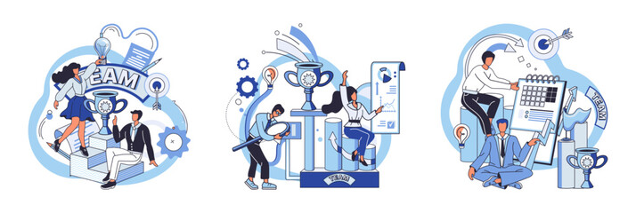 Team solving complex problems. Teamwork vector illustration metaphor. Coworkers characters communication Team building and business partnership concept Brainstorming team discuss about new project