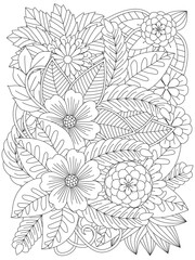 Black and white flower pattern for adult coloring book.  Black and white flower pattern for coloring. Doodle floral drawing. Flowers in black and white for coloring book.  Page for coloring book.