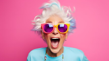 A woman with white hair and sunglasses making a funny face - obrazy, fototapety, plakaty