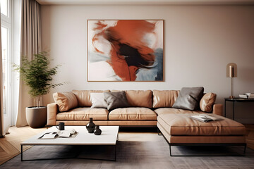 A contemporary living room with a sleek leather sofa, warm beige walls, and a hint of modern art