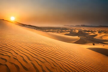 Fototapeta na wymiar A vast expanse of sand dunes stretches into the distance under the warm hues of a setting sun