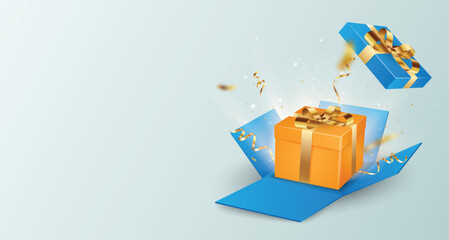 Open blue Gift Box and gold Confetti banner