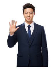 Man, half body, Asian, dark blue suit and happy smiling  isolated on transparent background . Generative AI