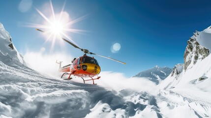 close-up of a couple heli-boarding down a pristine mountain slope, the helicopter visible in the background against the blue sky