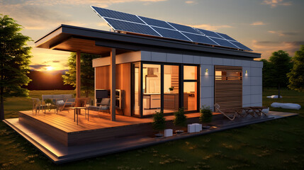 A small house with a solar panel on the roof