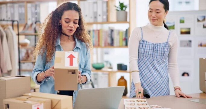 Teamwork, women and barcode reader on box for shipping, stock check and inventory export in fashion store. Scanner, package and delivery of cargo for ecommerce, supply chain and designer on laptop