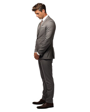 full body of 30 years old businessman  looking down face down isolated on transparent background . Generative AI
