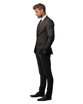 full body of 30 years old businessman  looking down face down isolated on transparent background . Generative AI