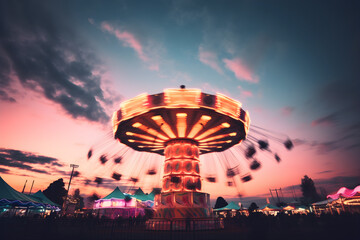 a fairground ride shot with a long exposure at night toned with a retro vintage instagram filter action effect against a pink and blue cloudy sky