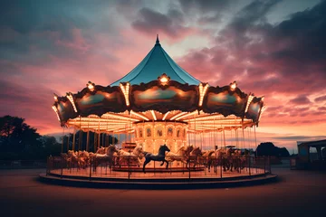 Foto op Canvas a fairground ride shot at night toned with a retro vintage instagram filter action effect against a pink and blue cloudy sky © sam