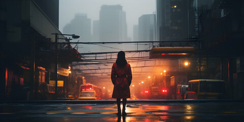 woman walking on the street at night, urban cinematic photography - obrazy, fototapety, plakaty