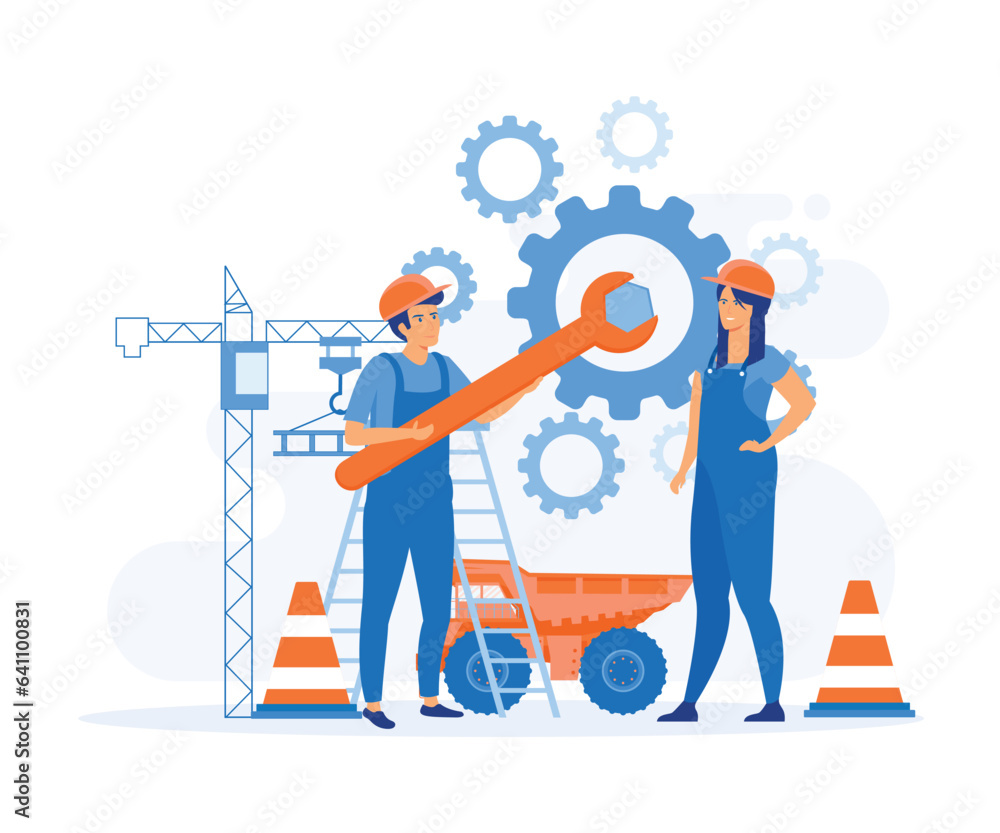 Poster workers couple rotating cogwheels teamwork process. brainstorming and teamwork concept. flat vector 
